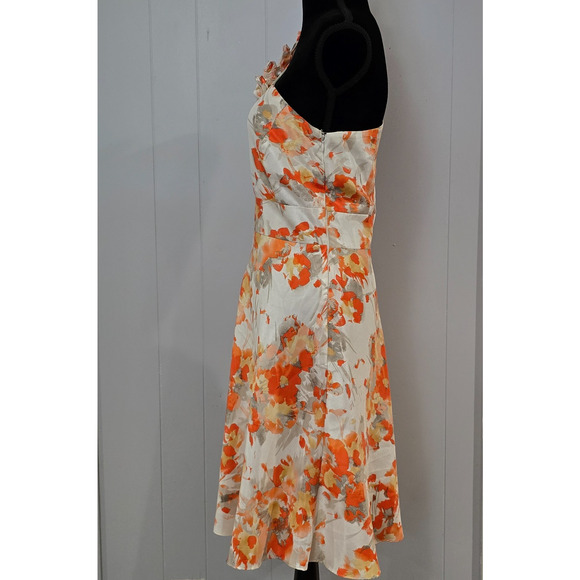 Tahari Arthur S. Levine Floral One‎ Shoulder Dress Orange White Fit & Flare Sz 8 - Picture 4 of 11